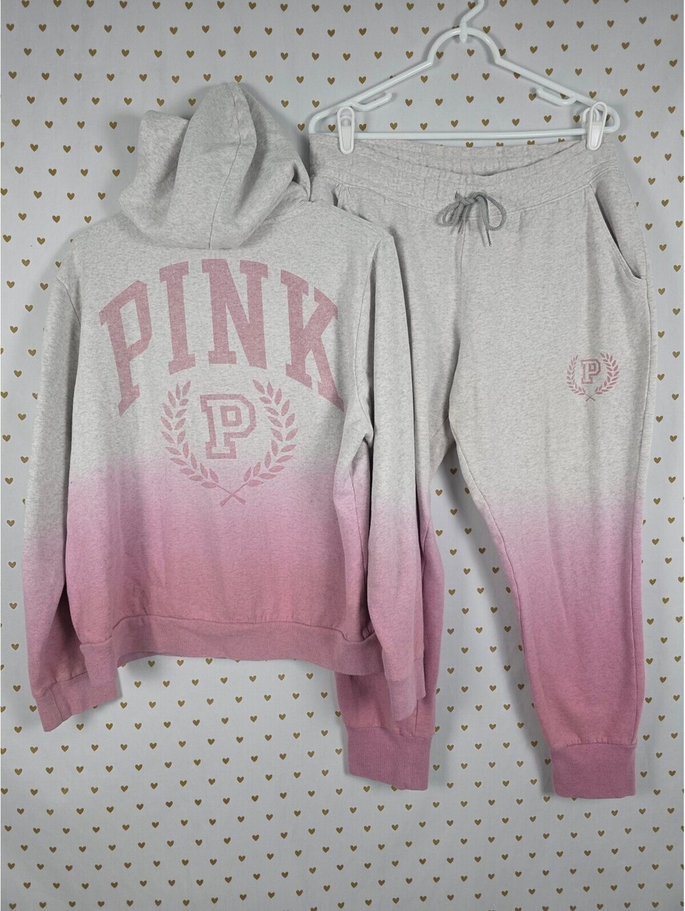 Victorias Secret Pink Crest Gradient Hoodie Sweats SET 2pc Outfit Large XL